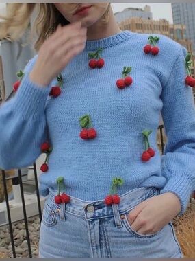 lirika Matoshi Jazz Blue and Red cherry knit sweater Size S
